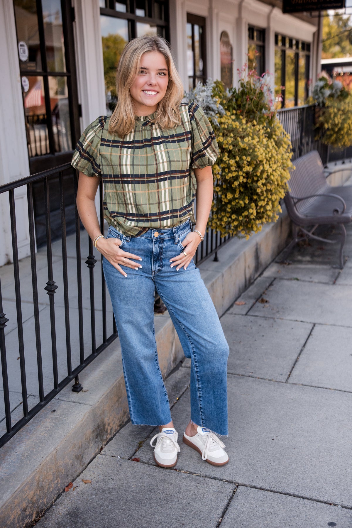Ruffled Neck Plaid Top - Olive