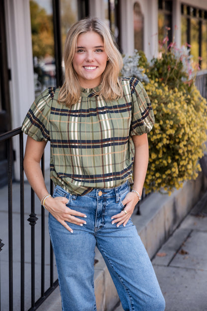 Ruffled Neck Plaid Top - Olive