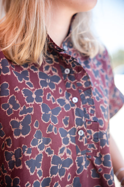Floral Print Short Sleeve Ruffle Neck Top - Wine