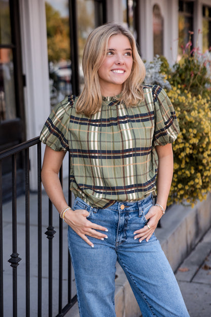 Ruffled Neck Plaid Top - Olive