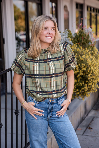 Ruffled Neck Plaid Top - Olive