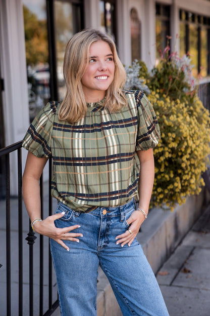 Ruffled Neck Plaid Top - Olive