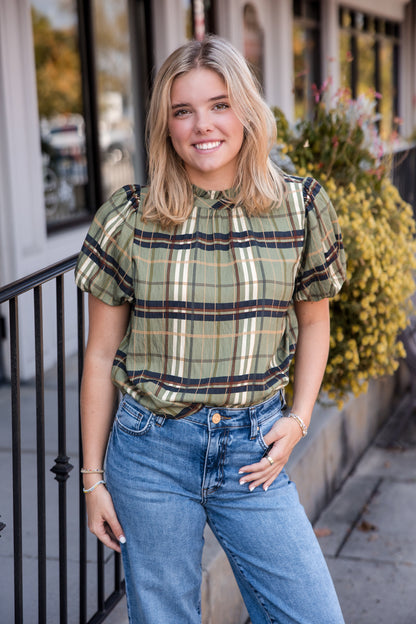 Ruffled Neck Plaid Top - Olive