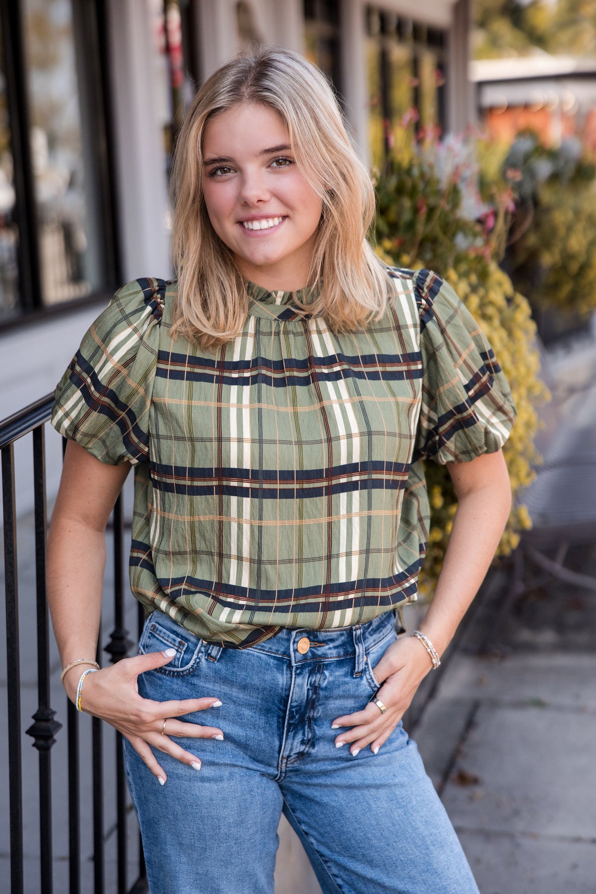 Ruffled Neck Plaid Top - Olive