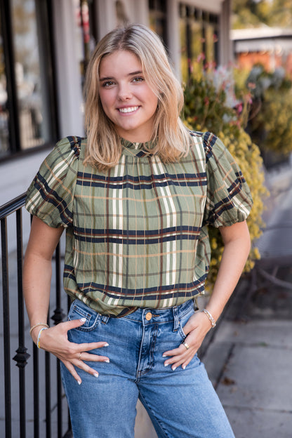 Ruffled Neck Plaid Top - Olive