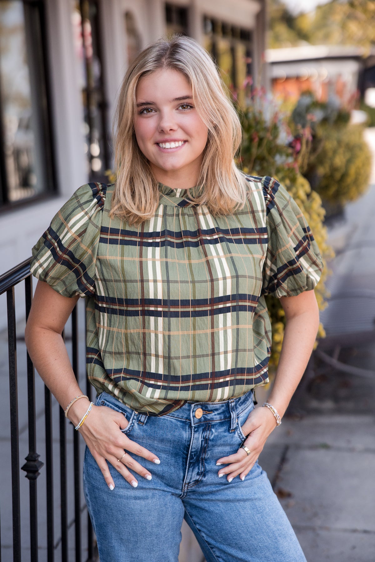 Ruffled Neck Plaid Top - Olive