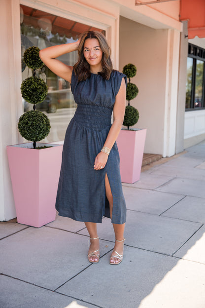 Sleeveless Denim Dress with Side Slit - Dark Blue