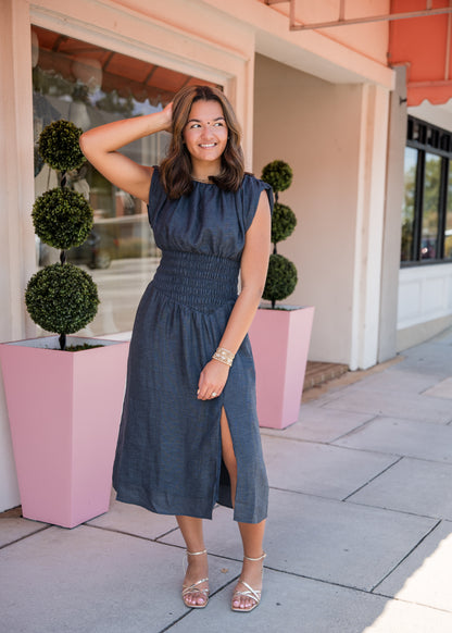 Sleeveless Denim Dress with Side Slit - Dark Blue