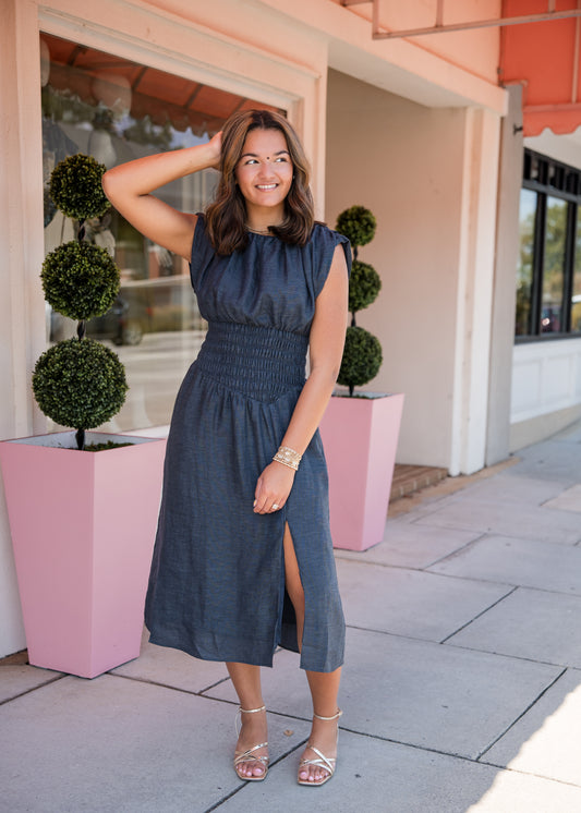 Sleeveless Denim Dress with Side Slit - Dark Blue