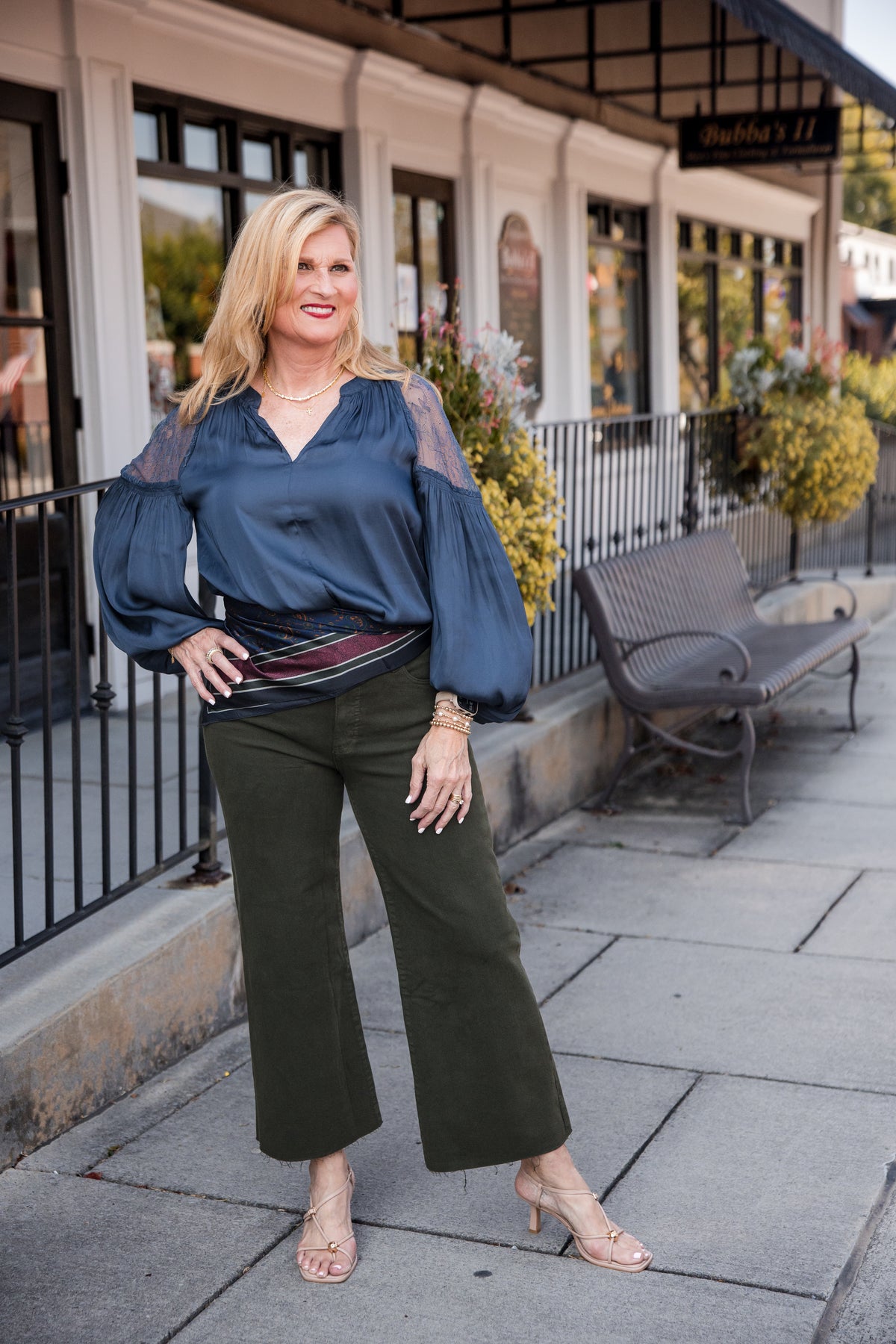 Lace Point Satin Blouse - Slate Navy