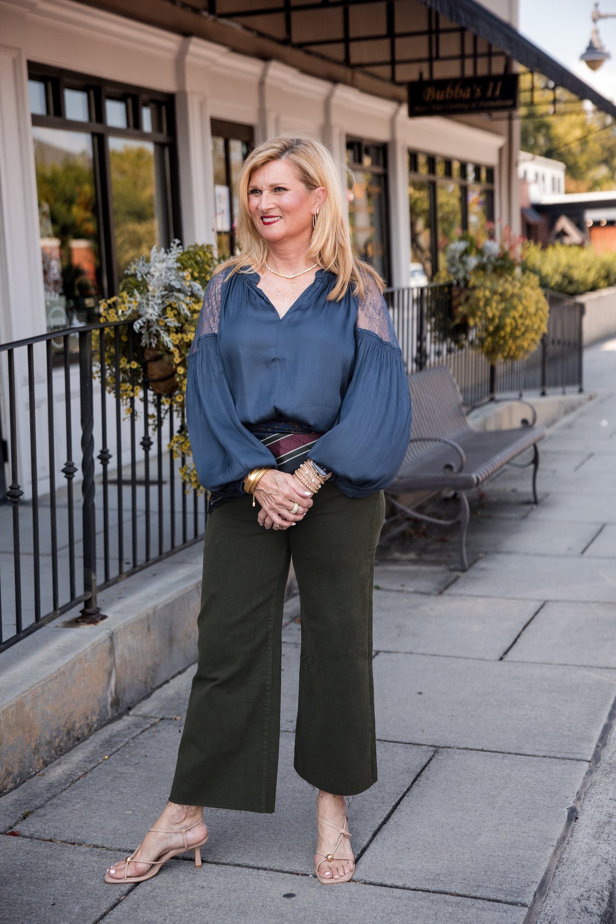 Lace Point Satin Blouse - Slate Navy