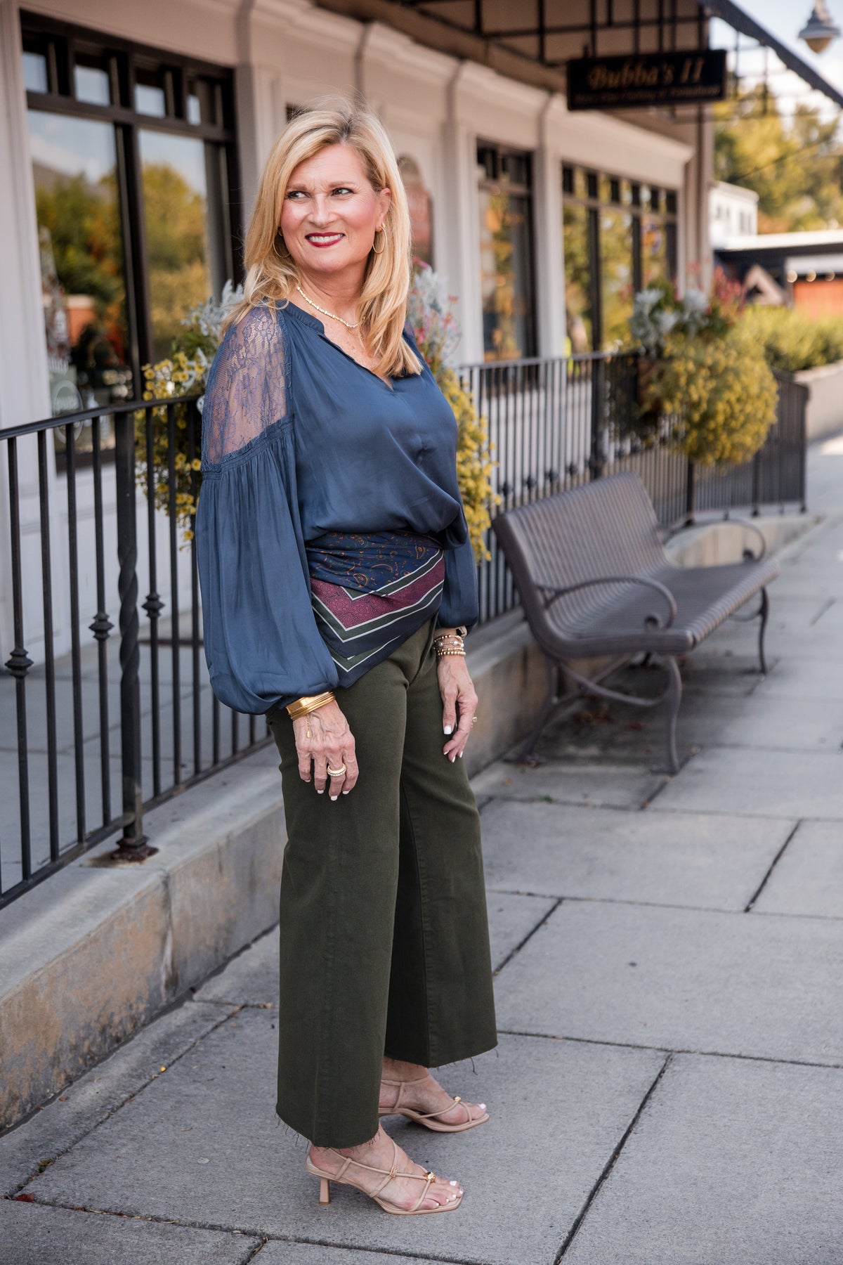 Lace Point Satin Blouse - Slate Navy