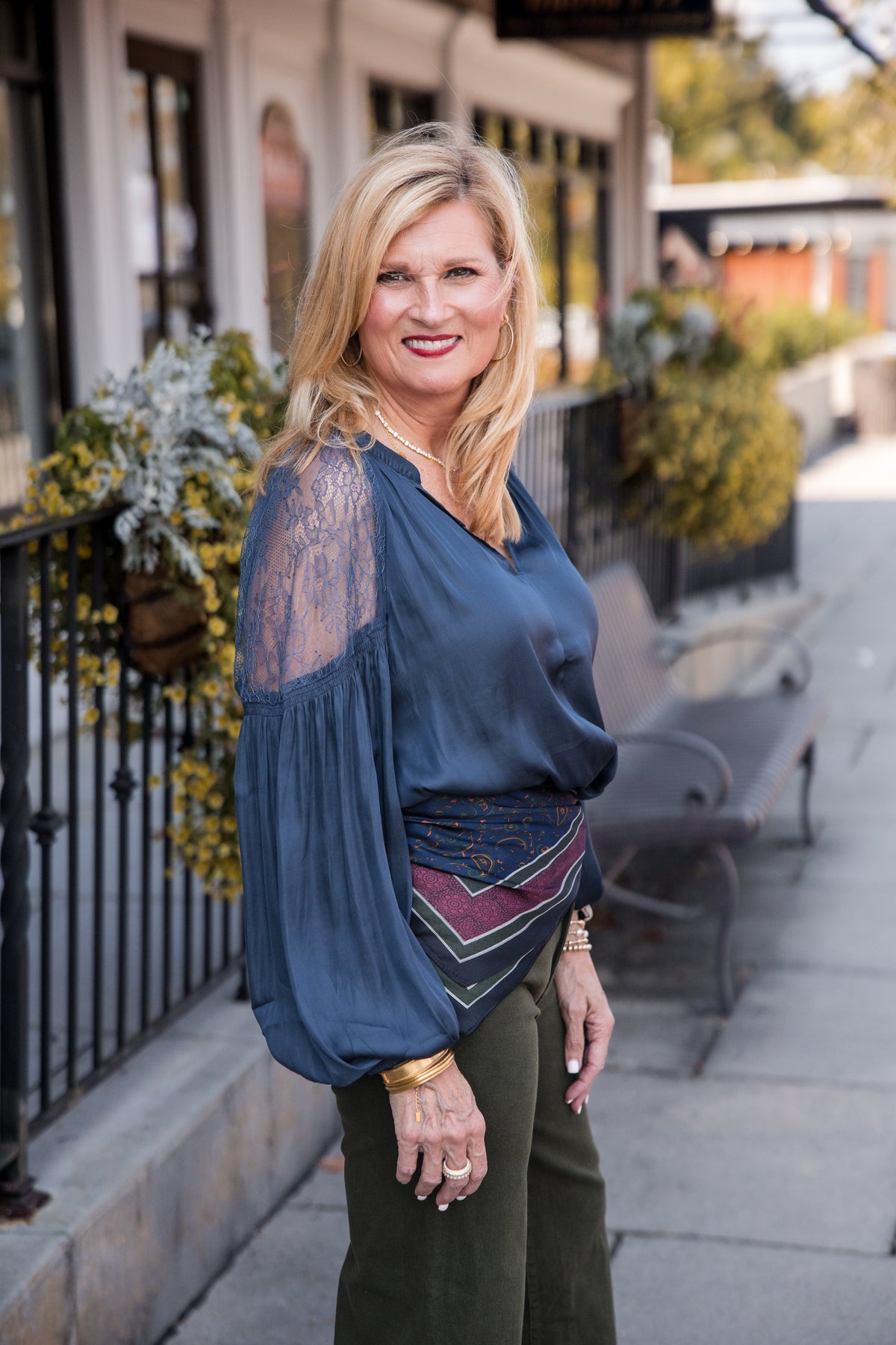 Lace Point Satin Blouse - Slate Navy