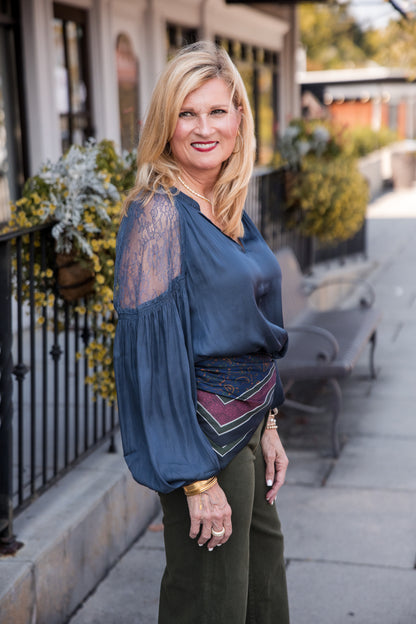 Lace Point Satin Blouse - Slate Navy