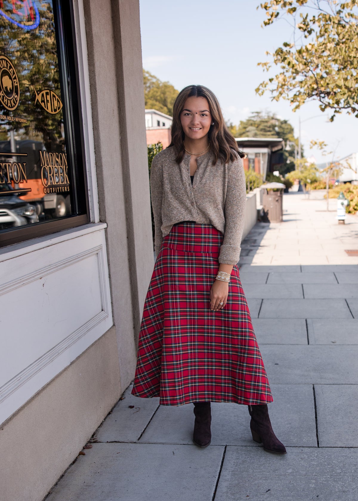 Plaid Midi Skirt - Red