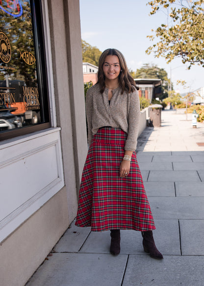 Plaid Midi Skirt - Red