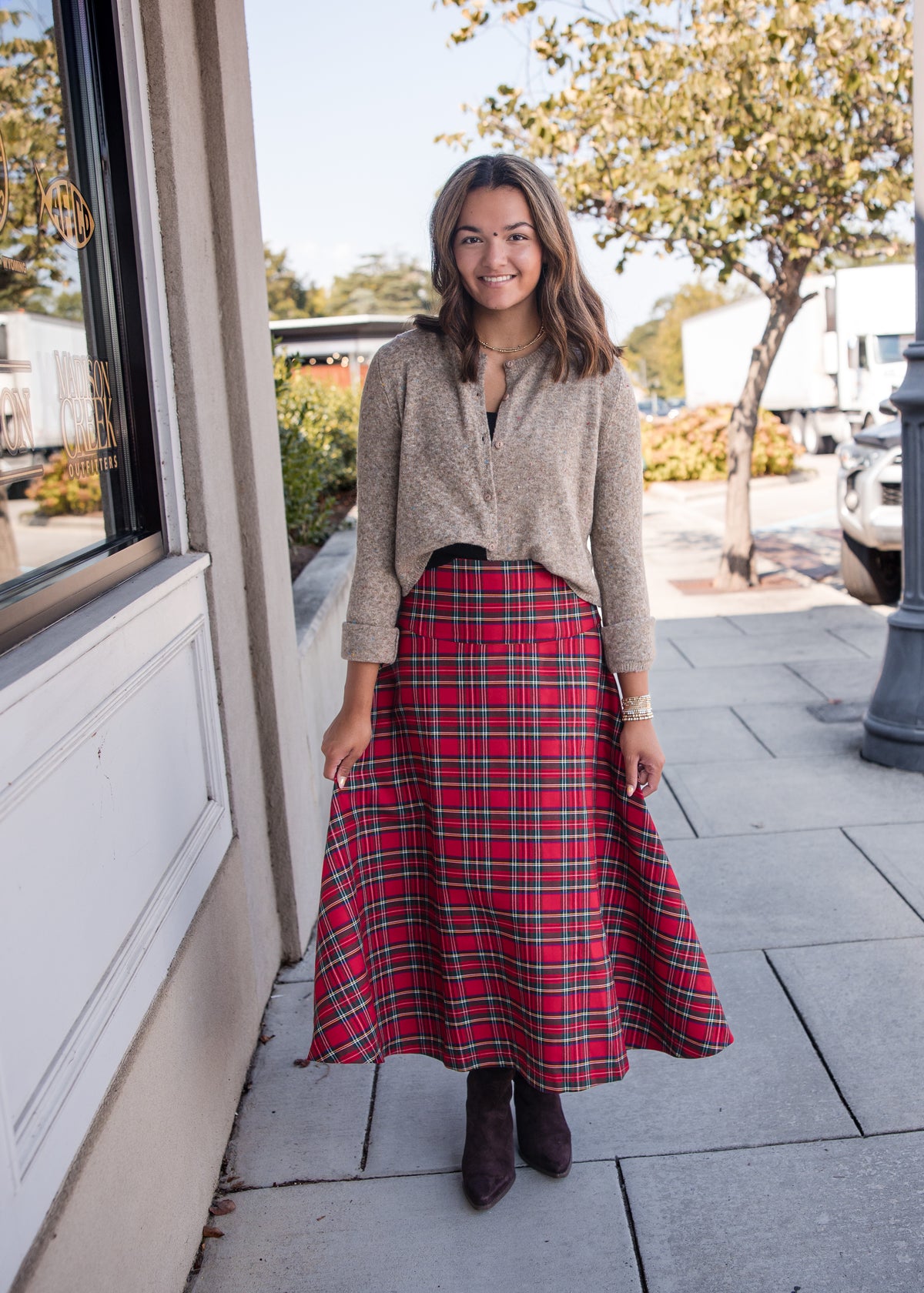 Plaid Midi Skirt - Red