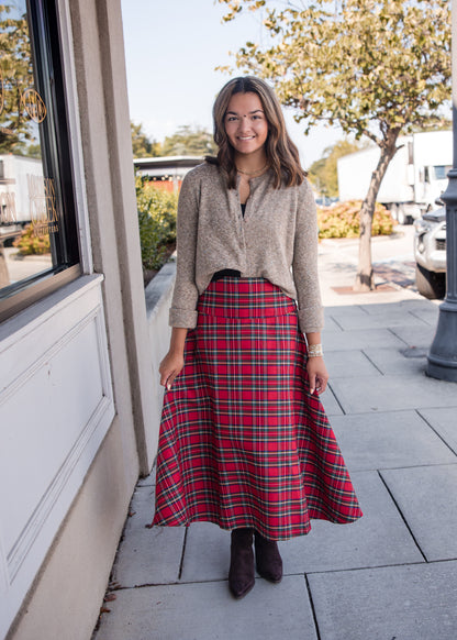 Plaid Midi Skirt - Red
