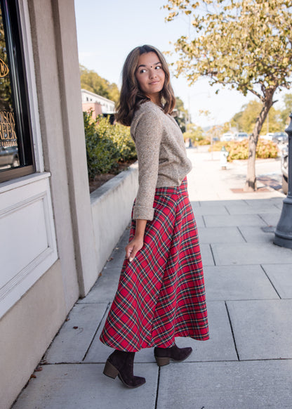 Plaid Midi Skirt - Red