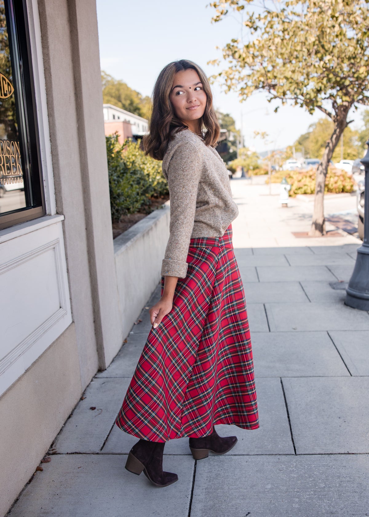 Plaid Midi Skirt - Red