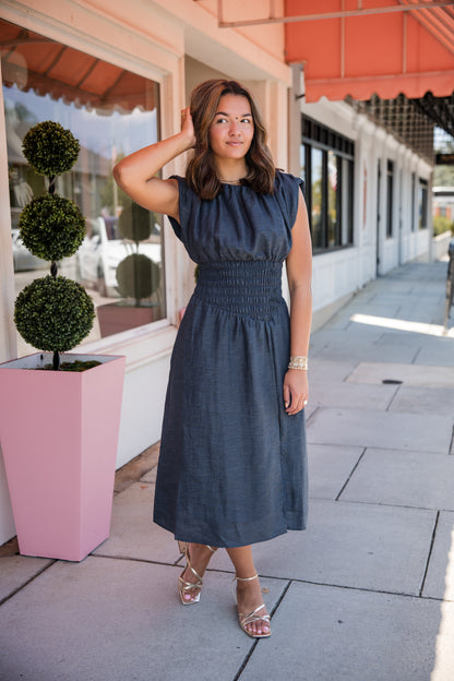 Sleeveless Denim Dress with Side Slit - Dark Blue
