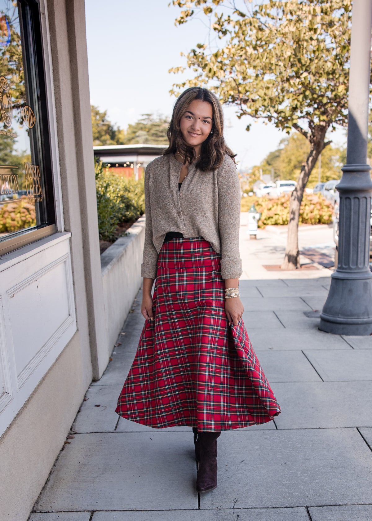 Plaid Midi Skirt - Red