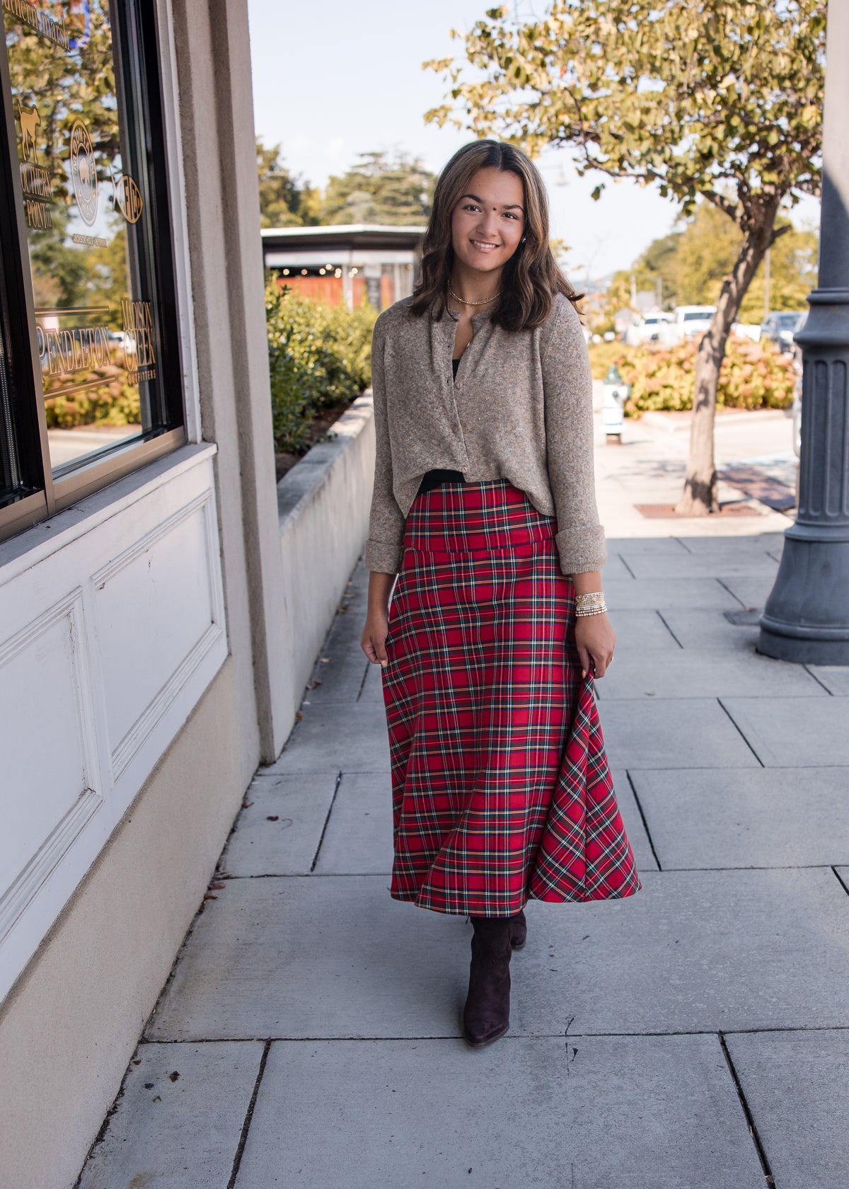 Plaid Midi Skirt - Red