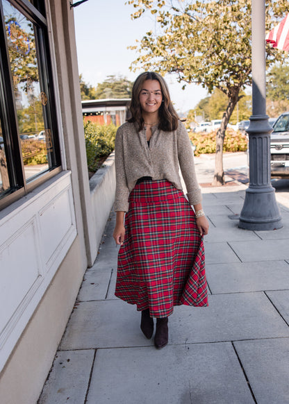 Plaid Midi Skirt - Red
