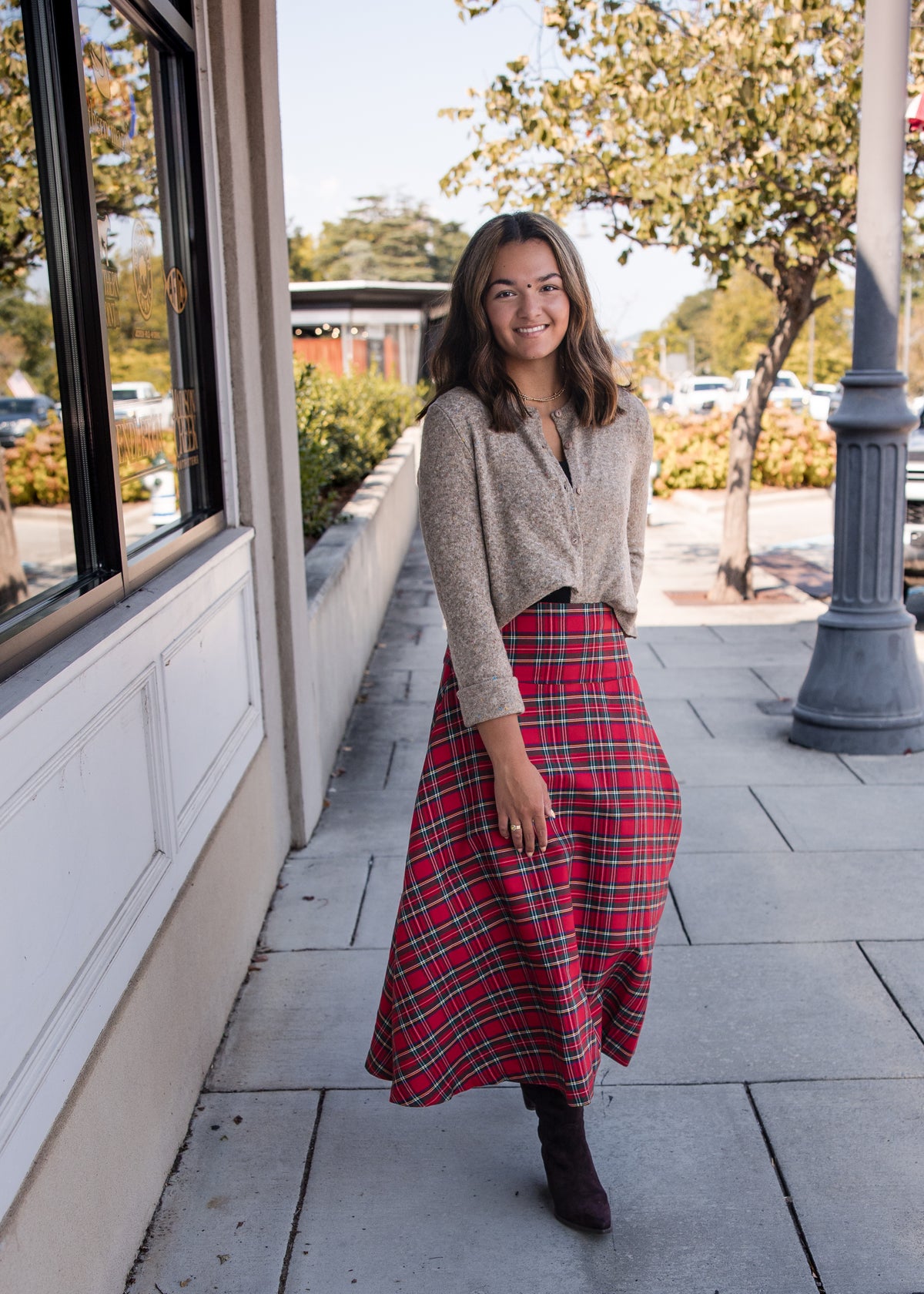 Plaid Midi Skirt - Red