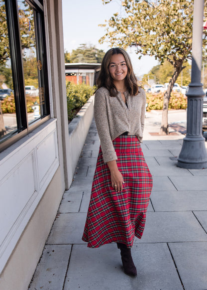 Plaid Midi Skirt - Red