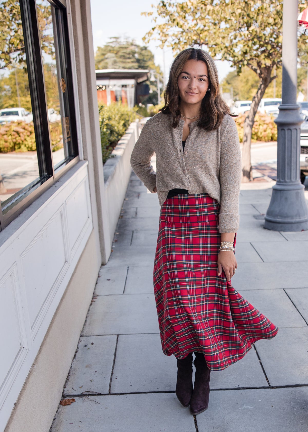 Plaid Midi Skirt - Red