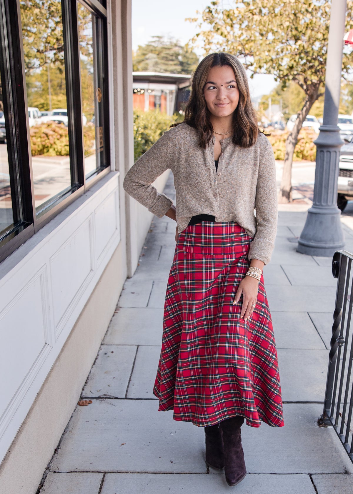 Plaid Midi Skirt - Red