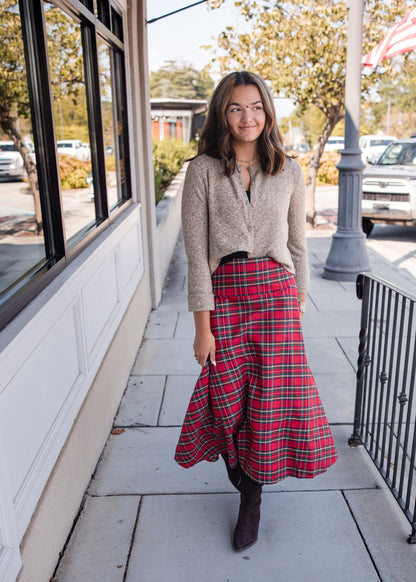 Plaid Midi Skirt - Red