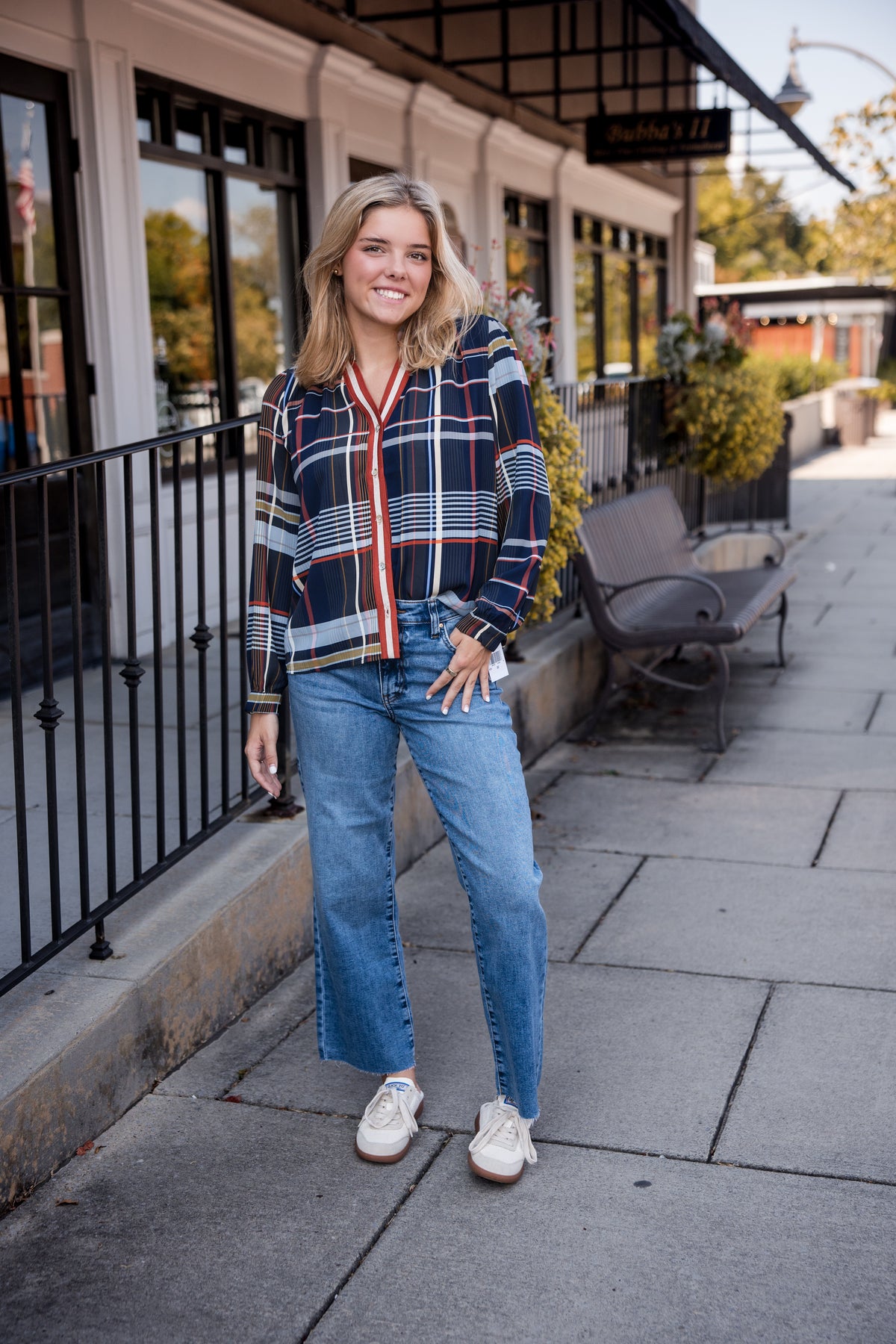 Plaid Long Sleeve Button Top - Navy