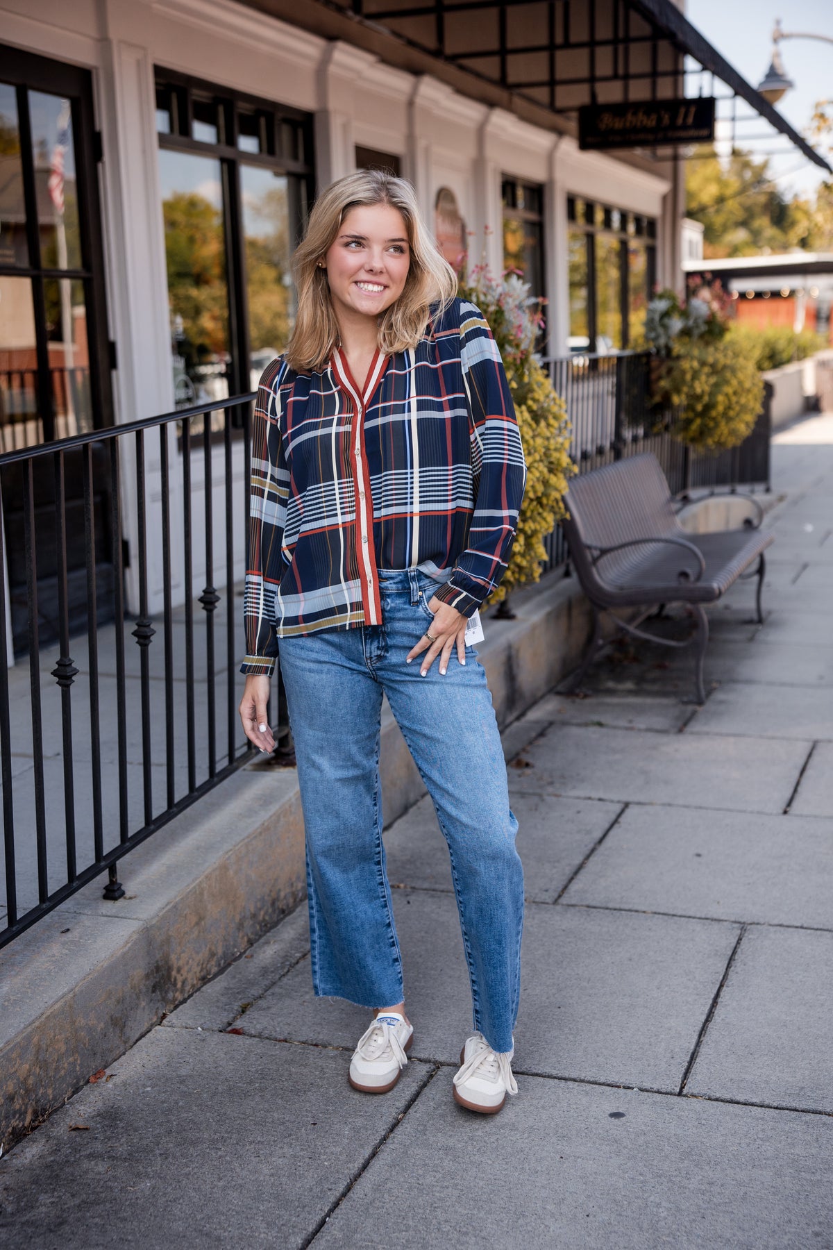 Plaid Long Sleeve Button Top - Navy