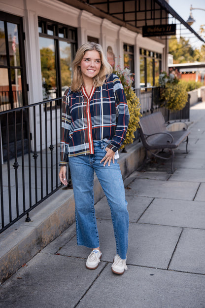Plaid Long Sleeve Button Top - Navy