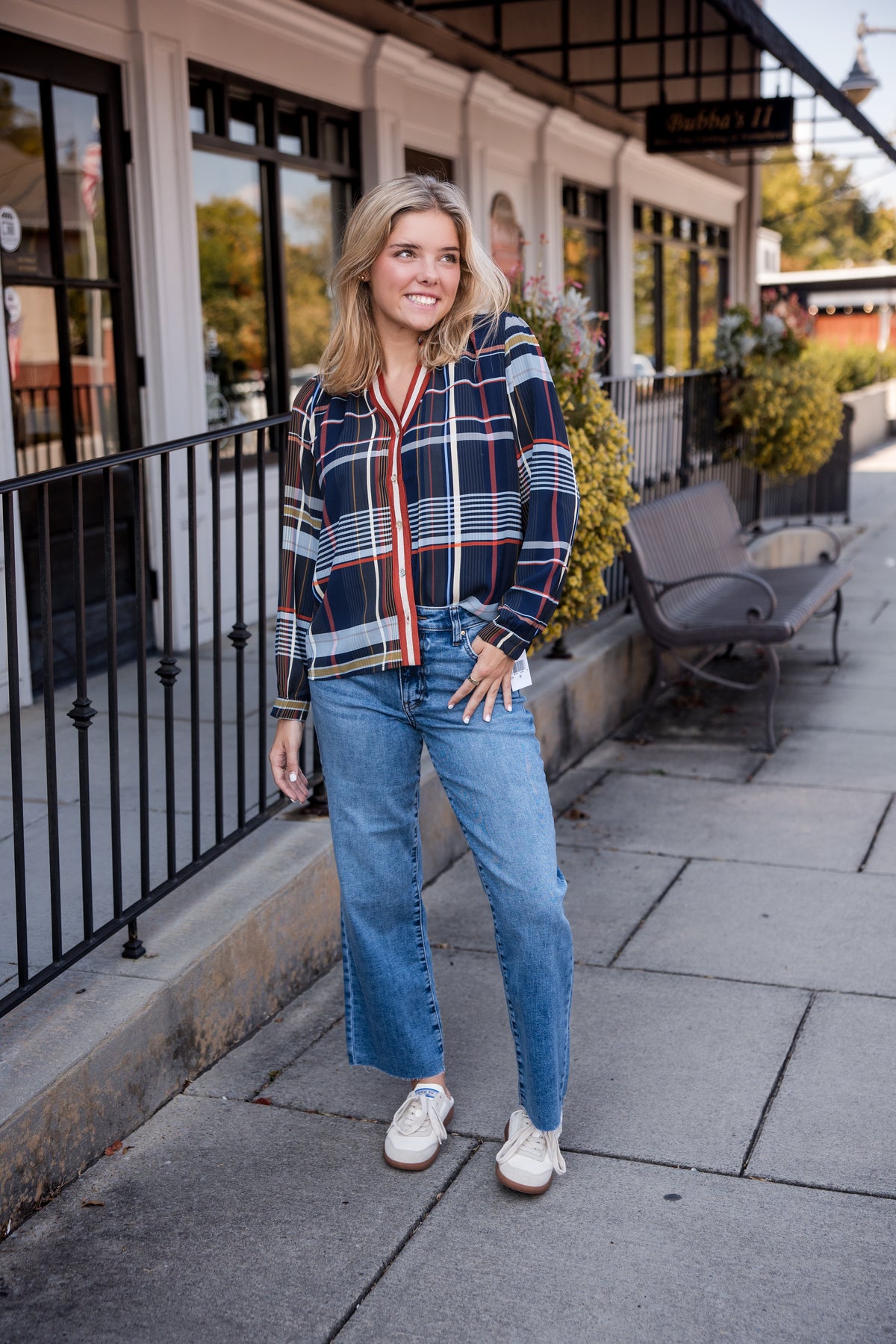 Plaid Long Sleeve Button Top - Navy