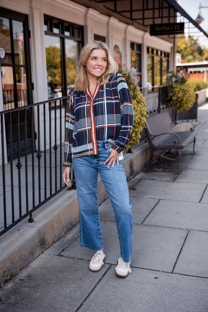 Plaid Long Sleeve Button Top - Navy