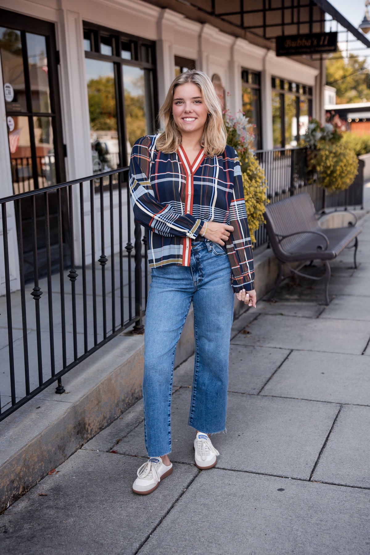 Plaid Long Sleeve Button Top - Navy