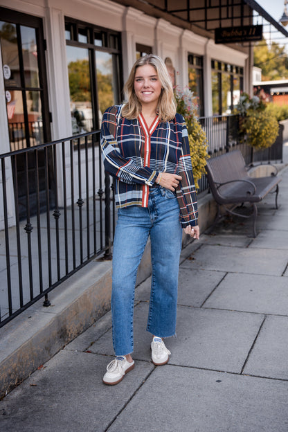 Plaid Long Sleeve Button Top - Navy