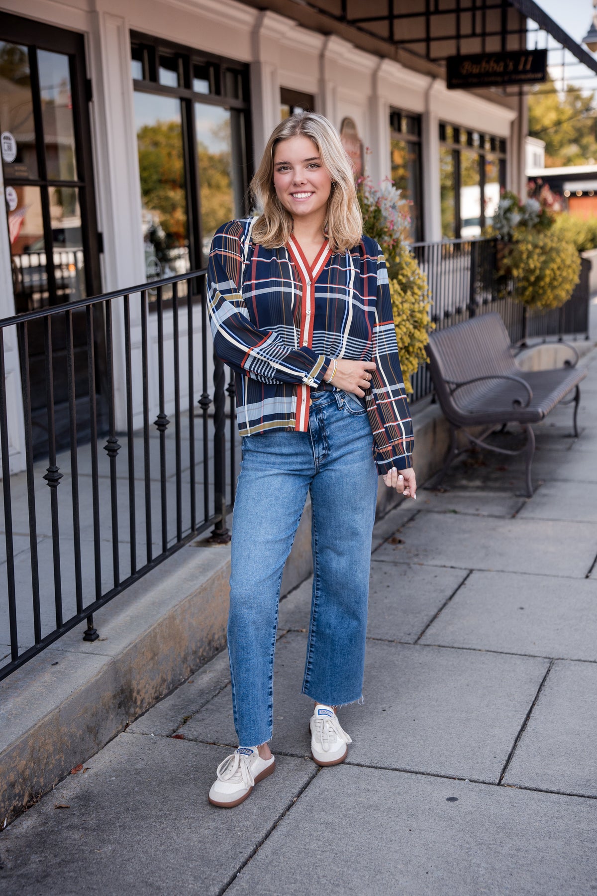 Plaid Long Sleeve Button Top - Navy
