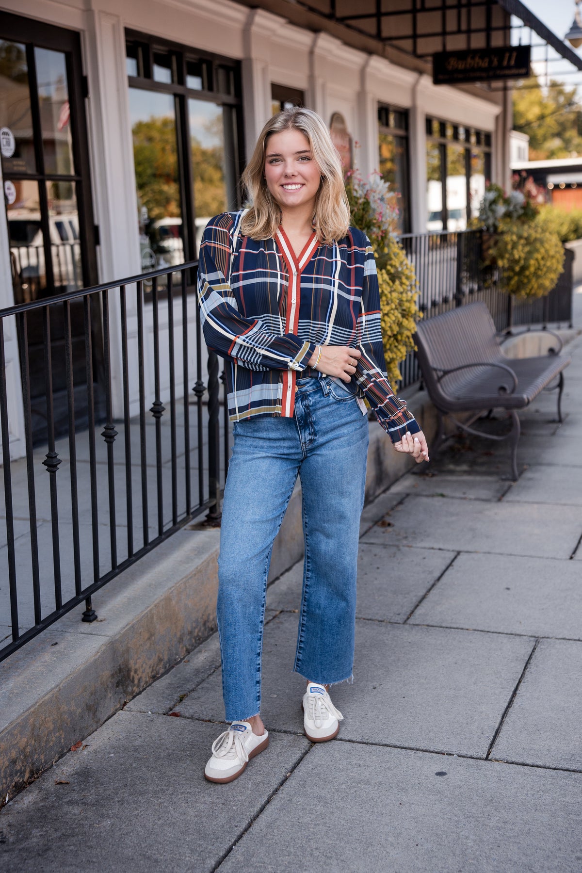 Plaid Long Sleeve Button Top - Navy