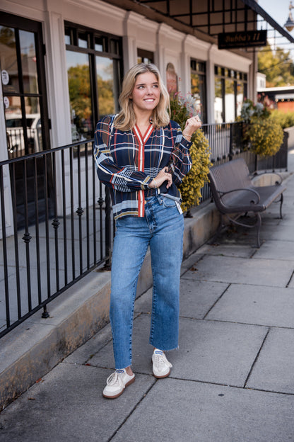 Plaid Long Sleeve Button Top - Navy