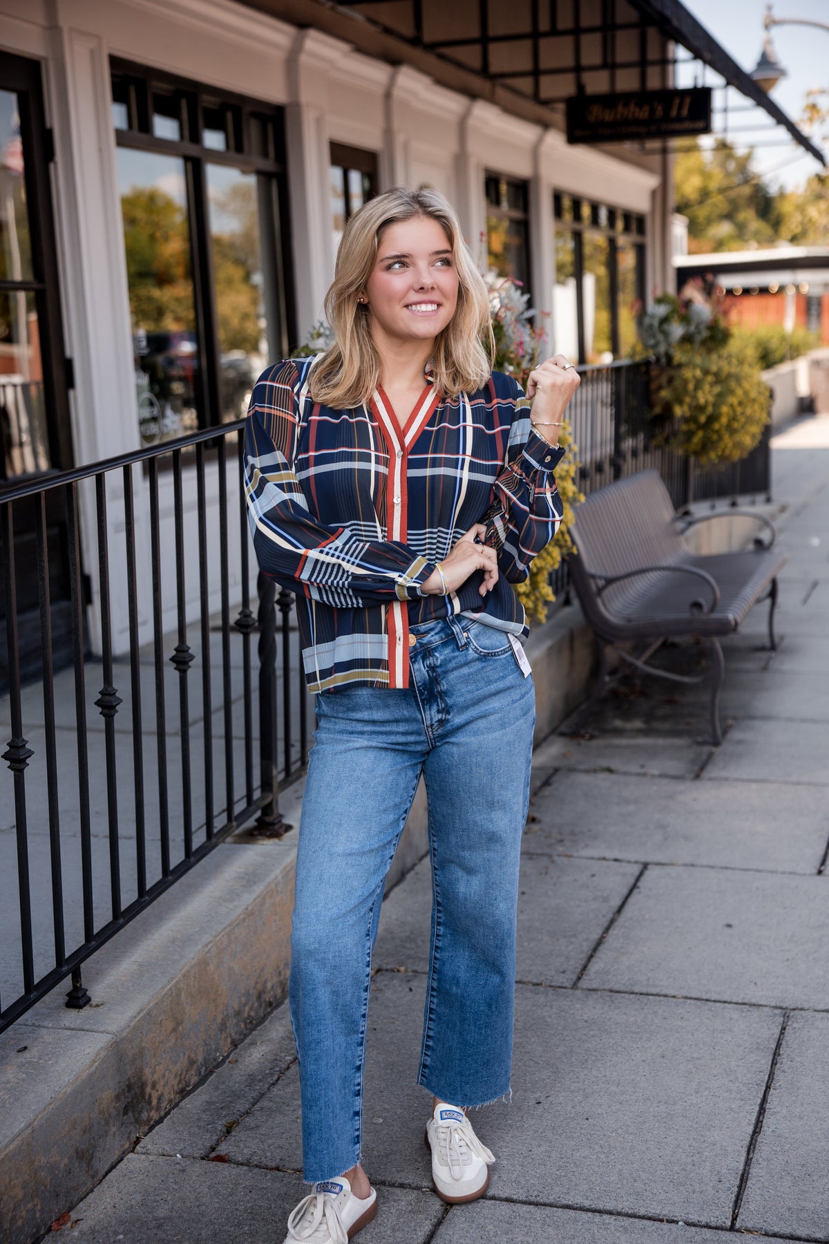 Plaid Long Sleeve Button Top - Navy