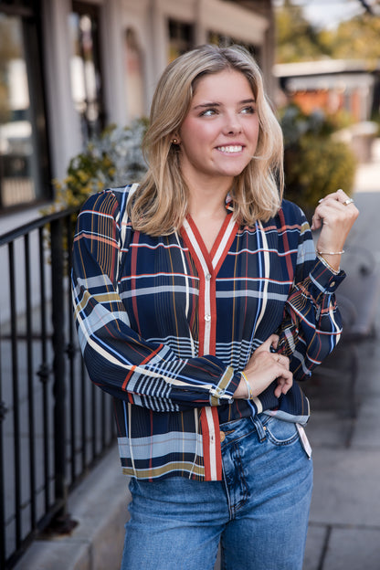 Plaid Long Sleeve Button Top - Navy