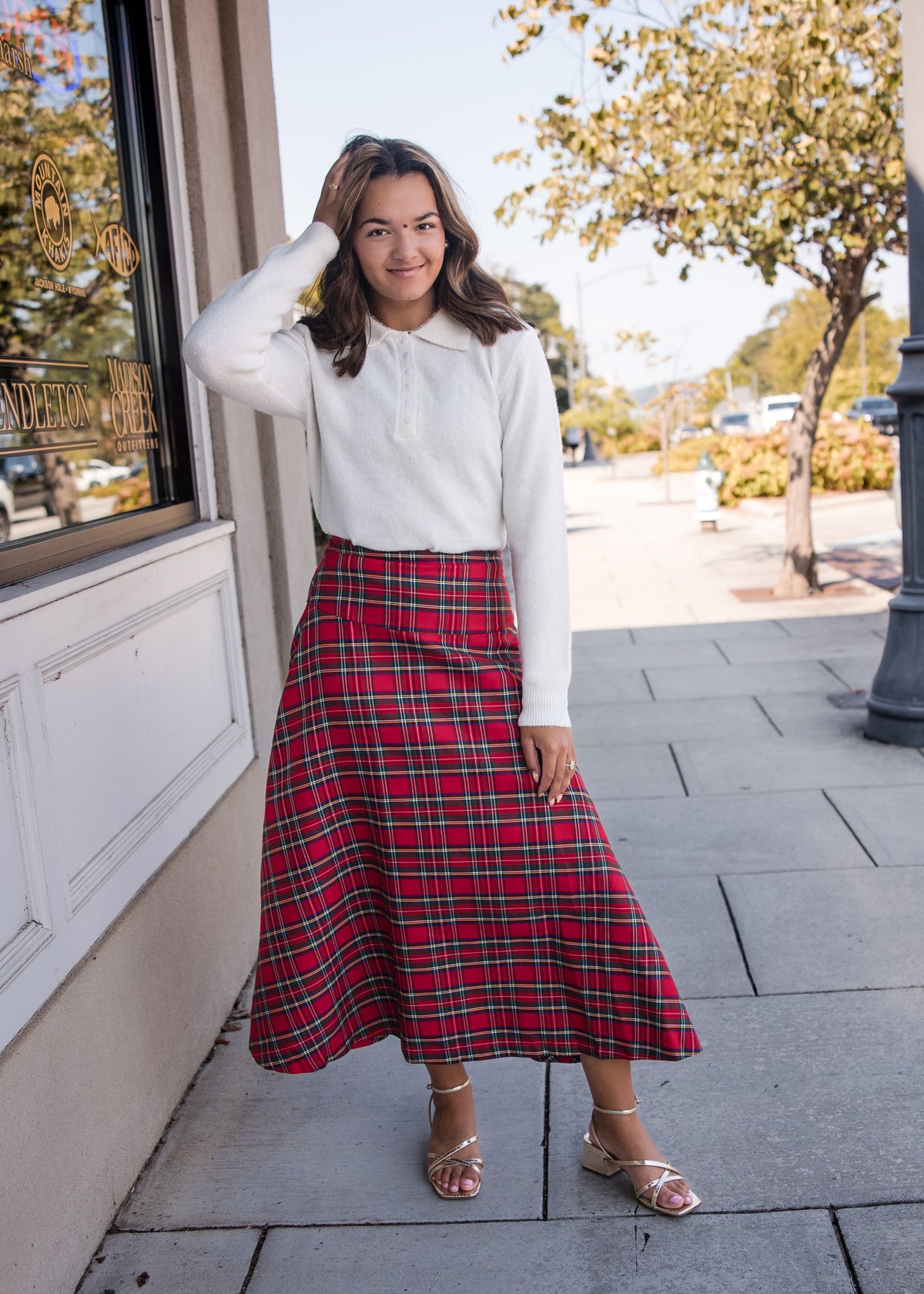Plaid Midi Skirt - Red