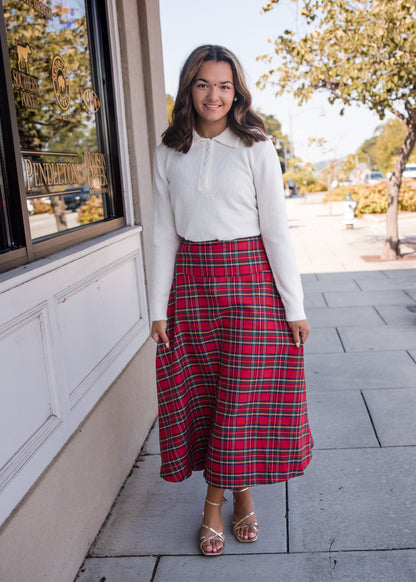 Plaid Midi Skirt - Red