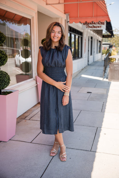 Sleeveless Denim Dress with Side Slit - Dark Blue