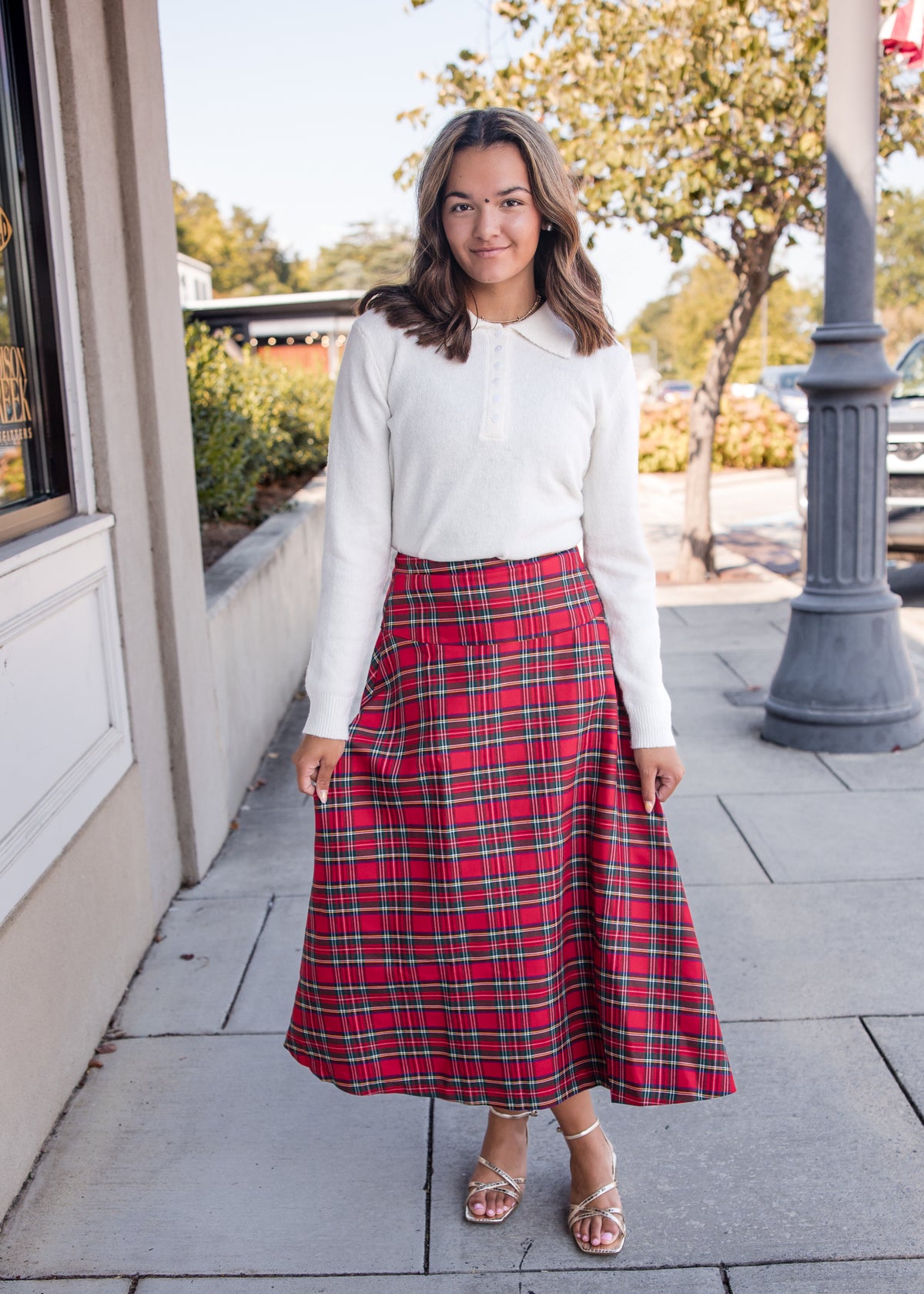 Plaid Midi Skirt - Red