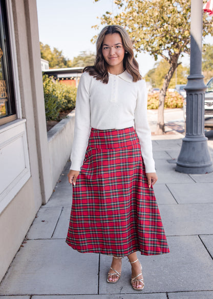 Plaid Midi Skirt - Red